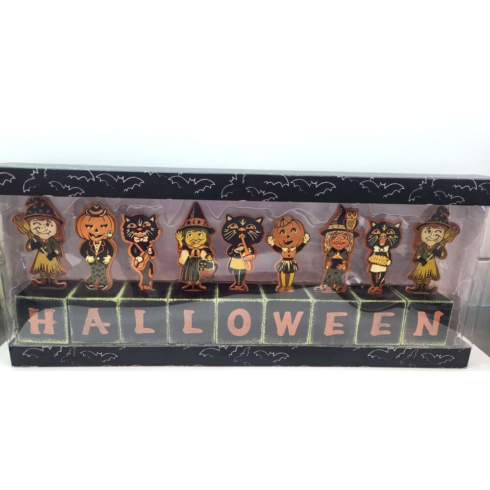 2015 Marshalls Halloween Wood Block Decor Witch Black Cat Pumpkin Vintage Style